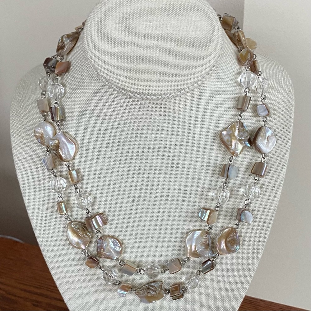 Shell Necklace Clear Beads Double Strand Capiz Mother Of Pearl EUC 19-22” Long